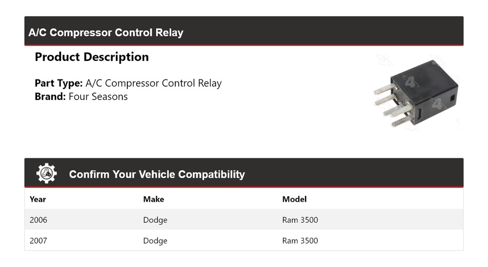 For 2006-2007 Dodge Ram 3500 A/C Compressor Control Relay 4 Seasons