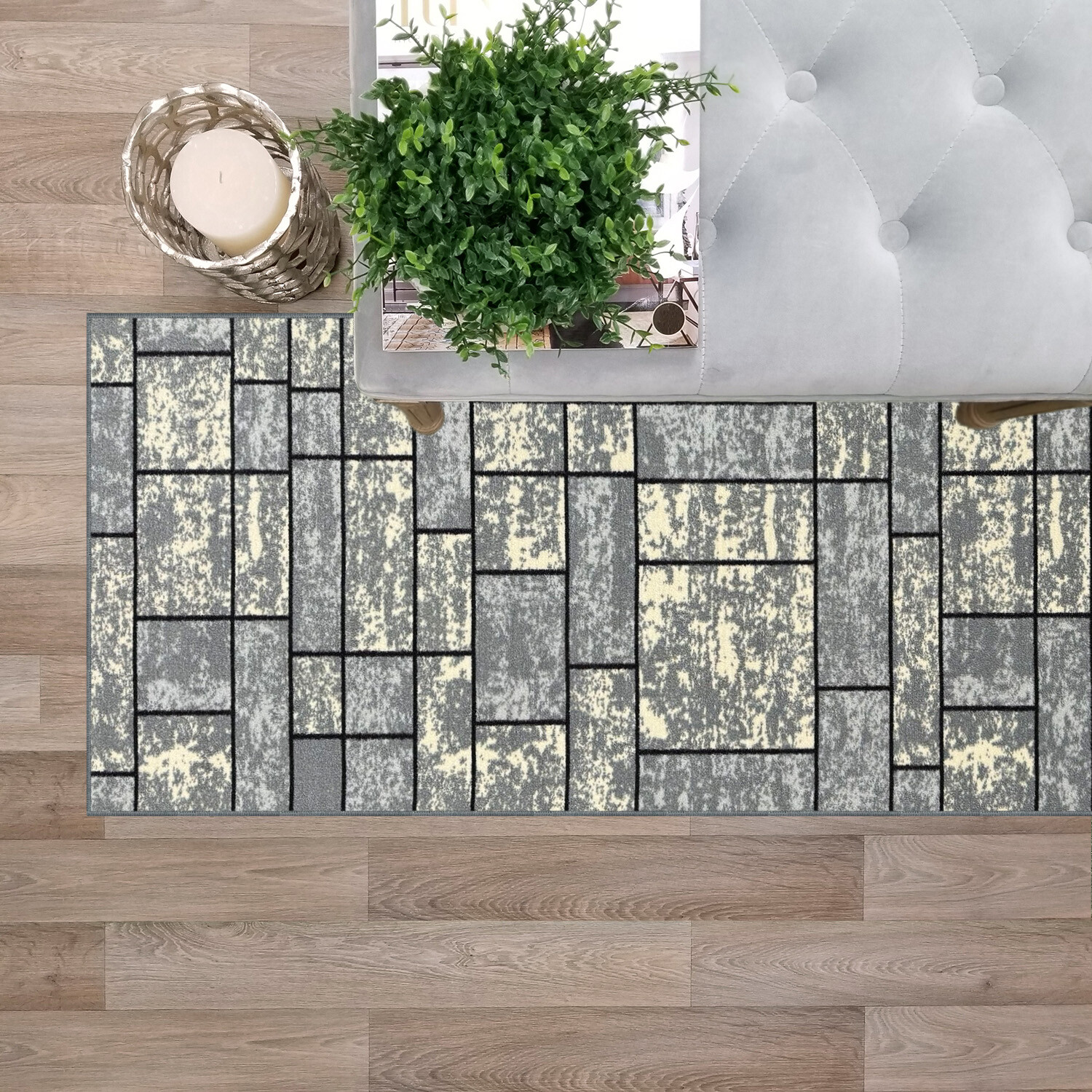 Custom Size Stair Hallway Runner Rug Non Slip Rubber Back Grey Ivory Tiles 3D