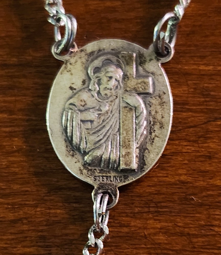 Vintage Italy Sterling Silver Aqua Blue Crystal Rosary & Vtg MCM Alabaster Case