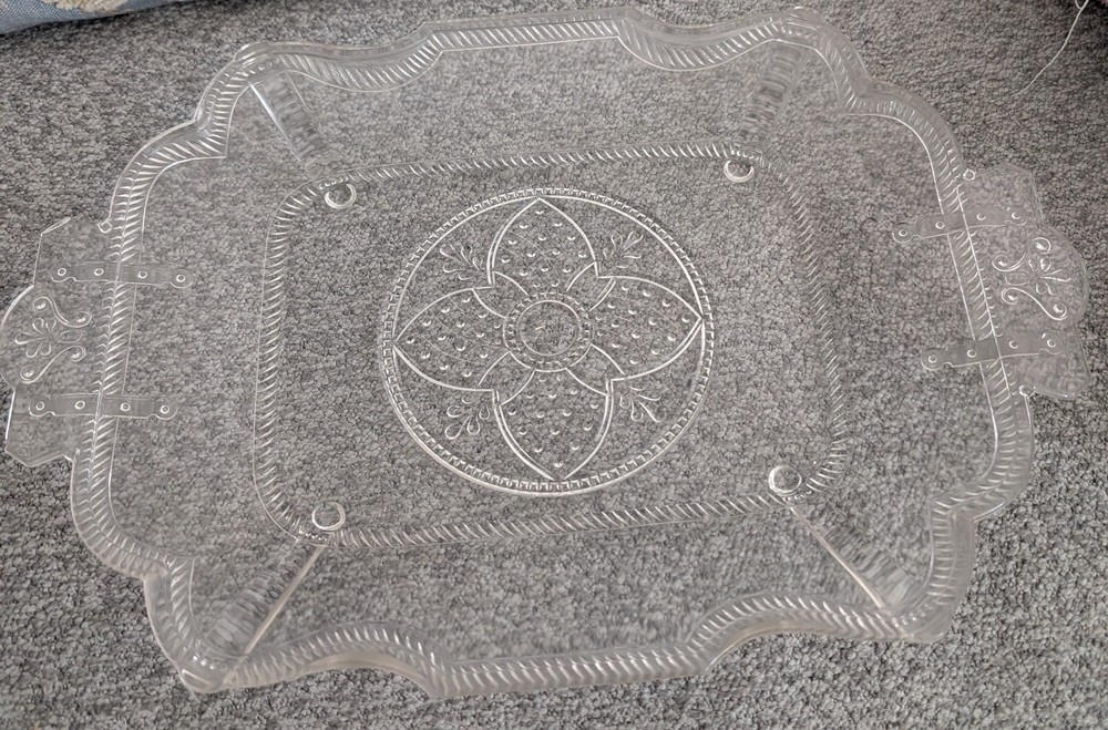 VINTAGE EAPG CLEAR PATTERN GLASS RECTANGULAR TRAY WITH HANDLES