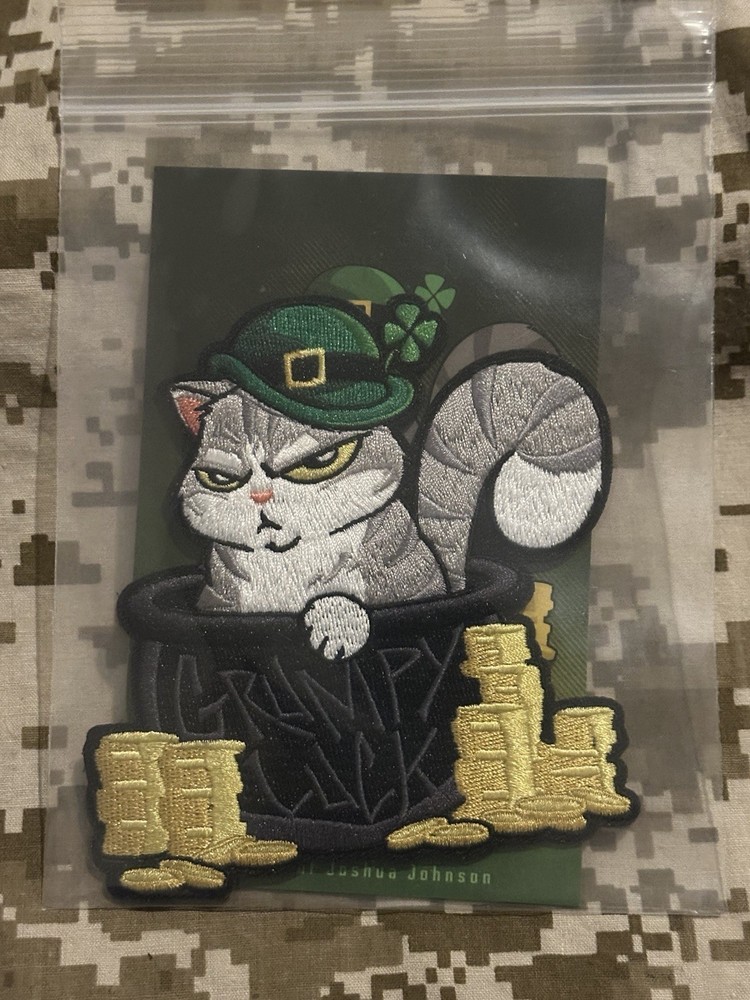 Grumpy Leprechaun And Grumpy Lucky Cat Embroidery Patch.