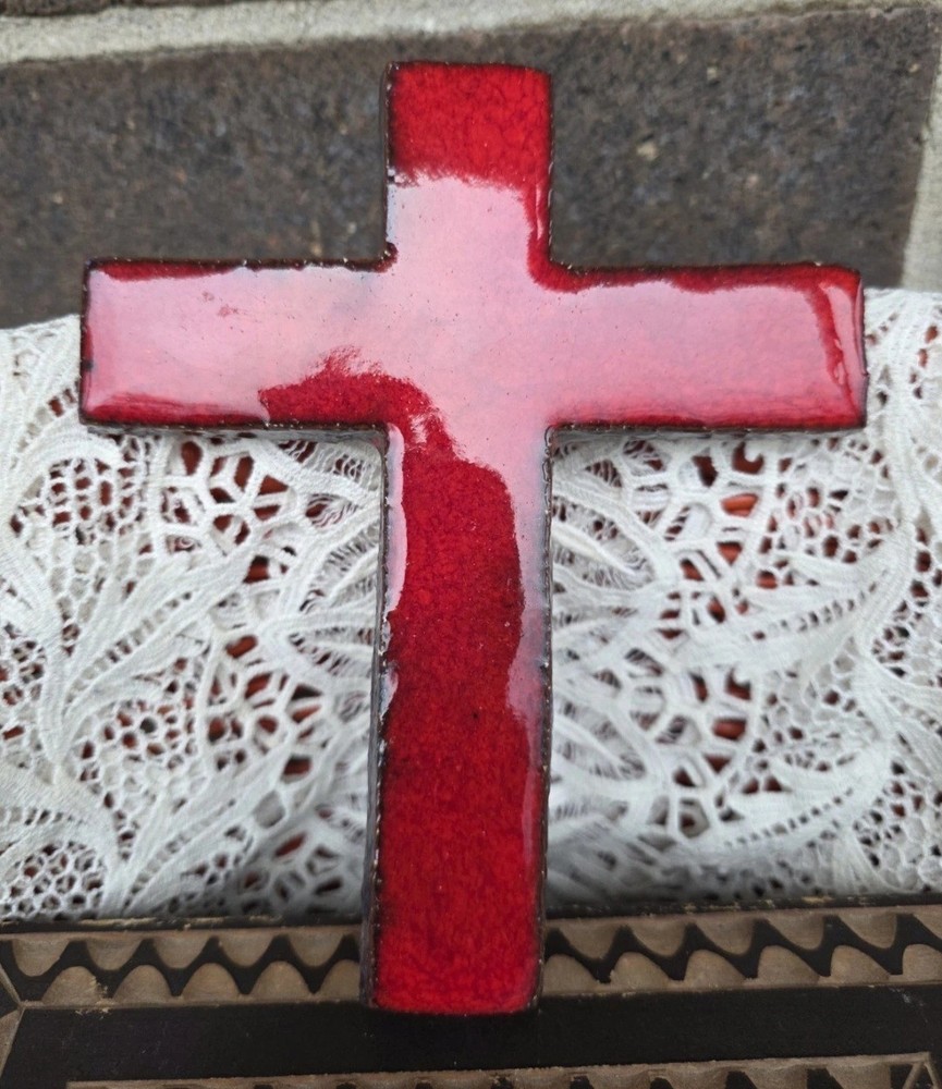 Mid-Century Modern Red Glazed Ceramic Cross