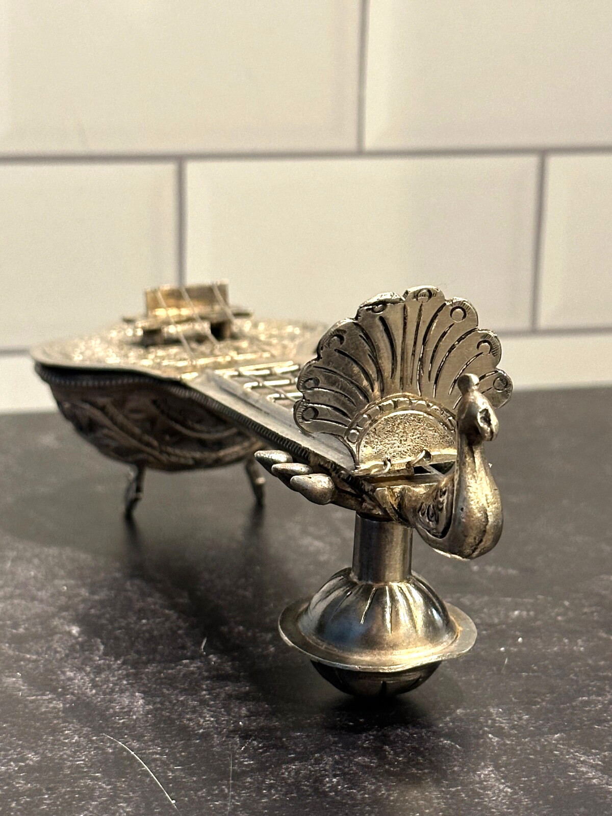 Antique Silver 700 Indian Spice Box /Container Shaped as a Sitar/Stamped