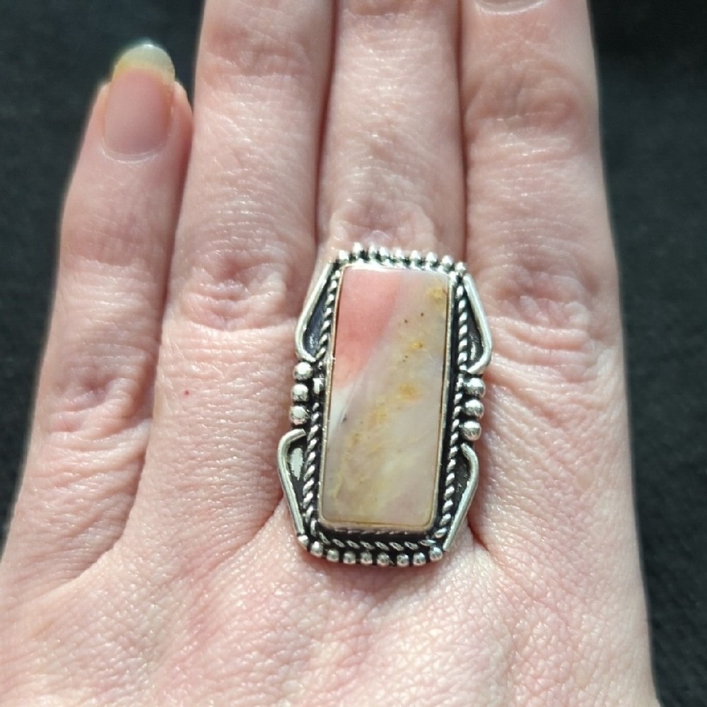 Silver Plated Pink Peach Cobra Jasper Gemstone Rectangular Statement Ring - 9.5