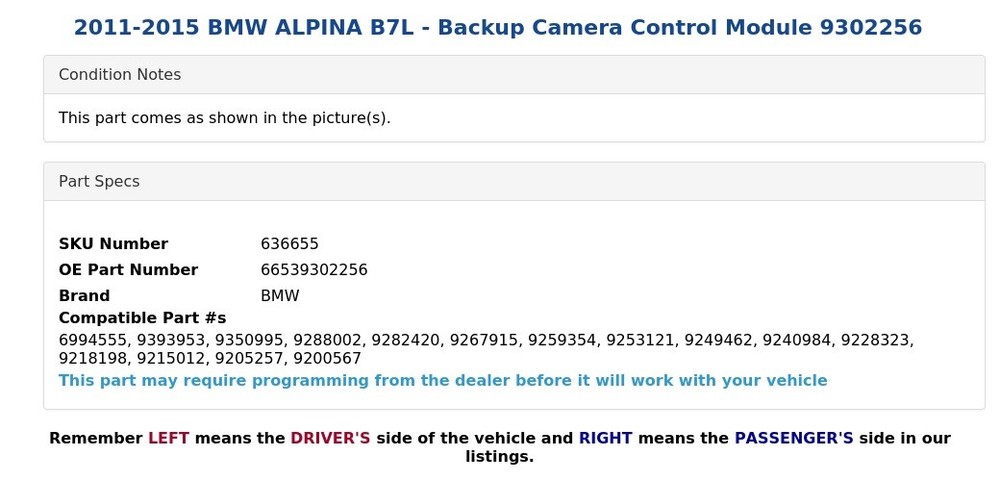 2011-2015 BMW ALPINA B7L - Backup Camera Control Module 9302256