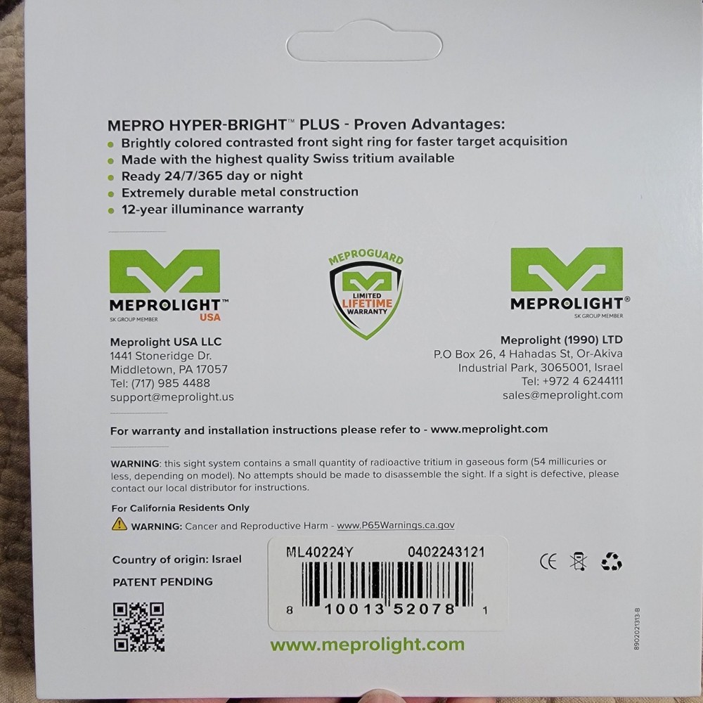 Meprolight HYPER-BRIGHT PLUS unopened for standard frame 9/357SIG / 40 /45GAP