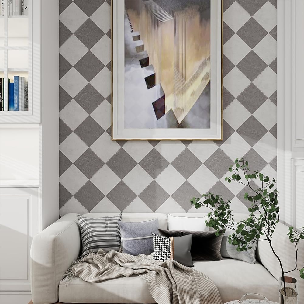 Peel and Stick Floor Tile, Grey Checkered Pattern Continuous Vinyl Roll Floor...