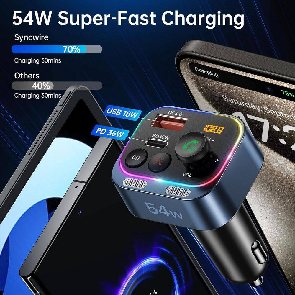 Bluetooth 5.4 FM Transmitter Car Adapter 54-Watt Fast Charging Dual Mics Hifi De