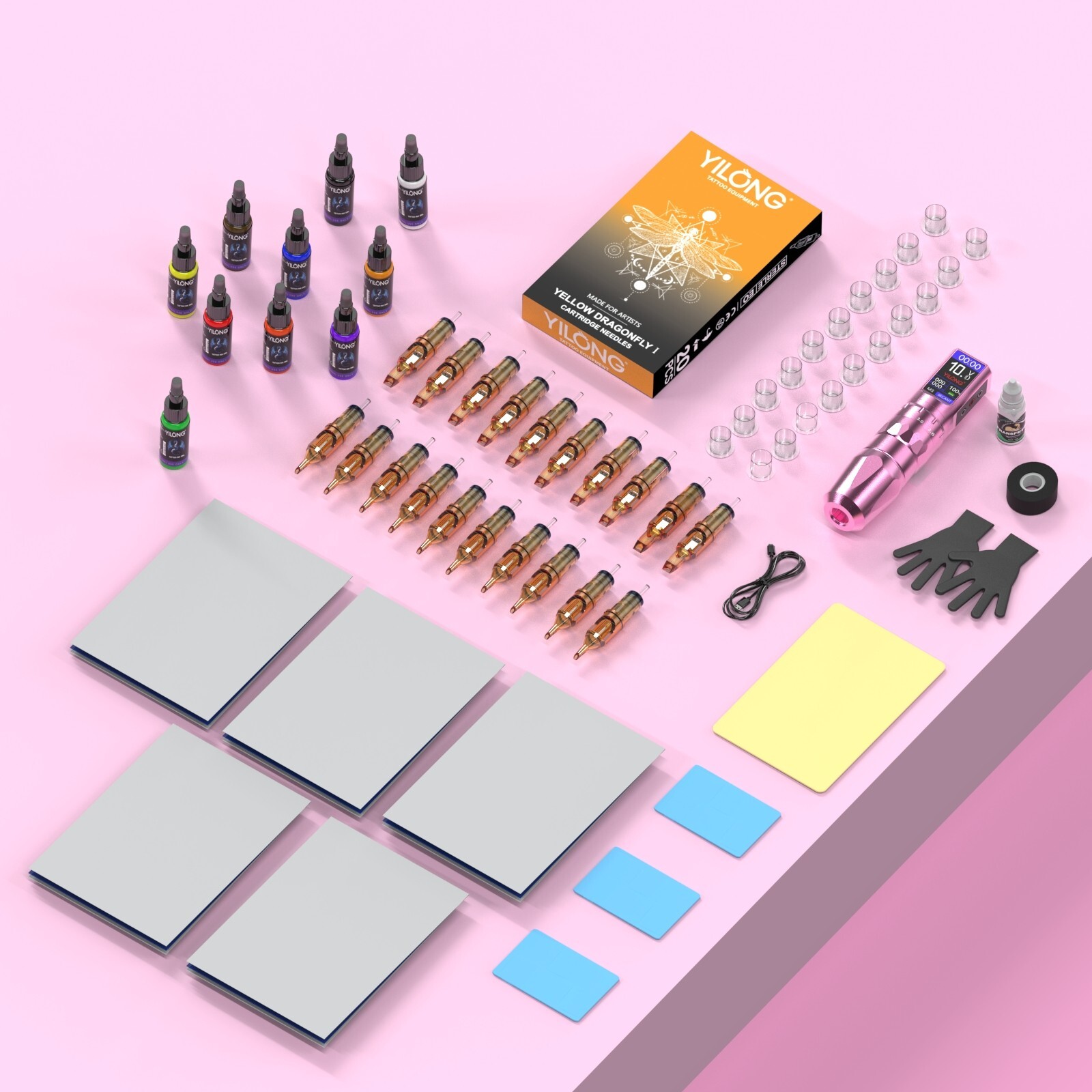 Tattoo Gun Kit Complete Adjustable 6-Stroke Rotary Pen Machine with Ink Needles