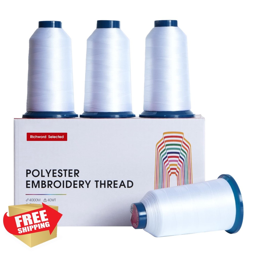 Poolin White Embroidery Thread 4 Rolls 4000M Polyester Machine Thread