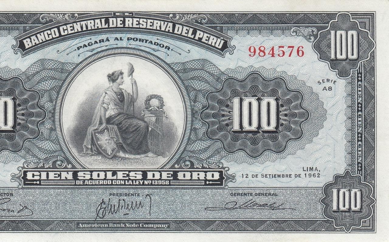 1962 PERU 100 SOLES ~Ladder S/No. **984576**~  "AB" ^RARE^ (( GEM UNC ))
