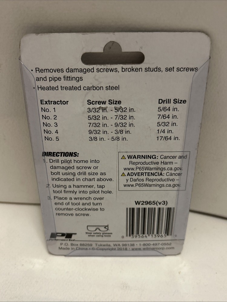 PERFORMANCE TOOL W2965 EXTRACTOR SET-SCREW 5 Piece Set