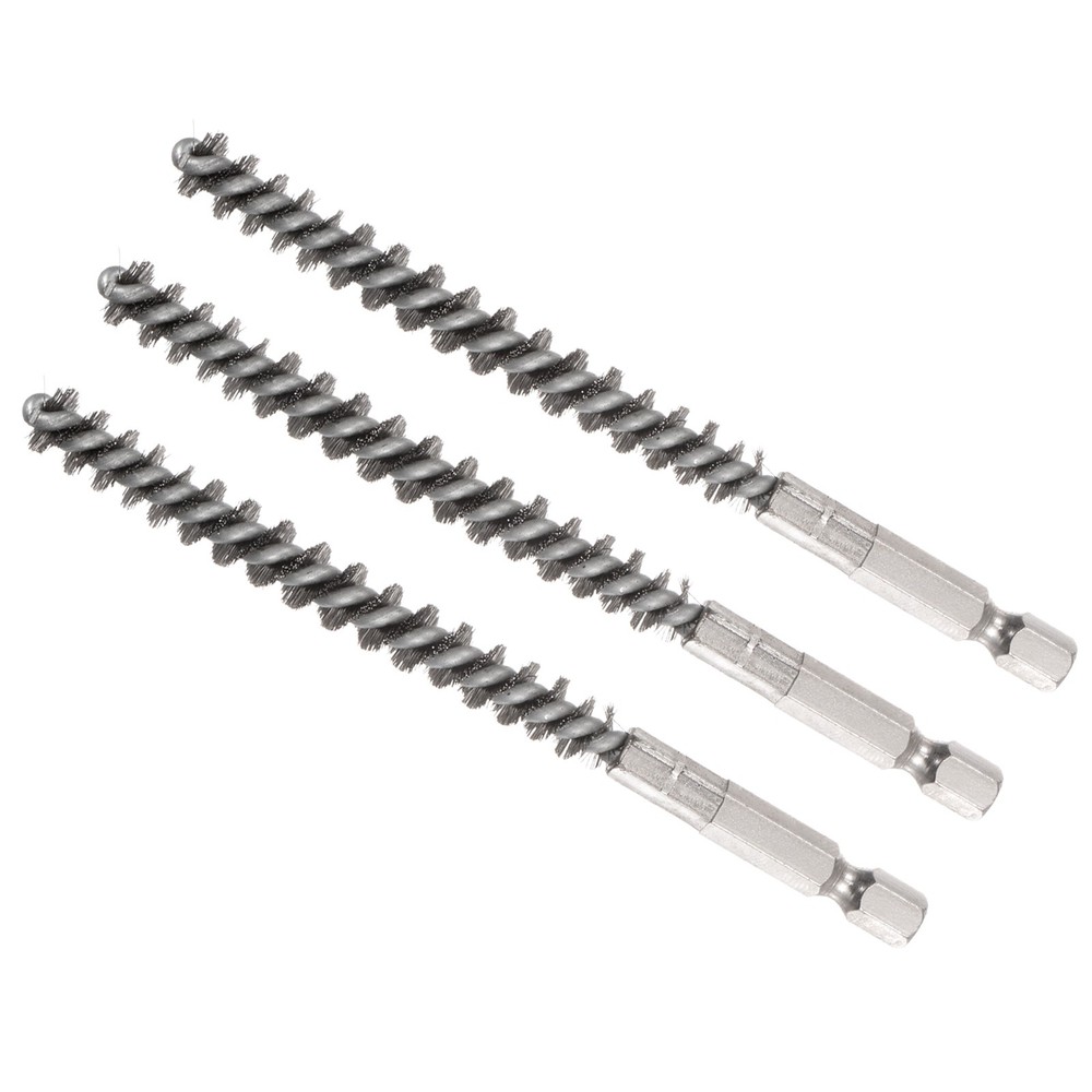 3pc Bore Brush 8mm Dia Twisted Cleaning Wire Brushes with 1/4" Hex Shank