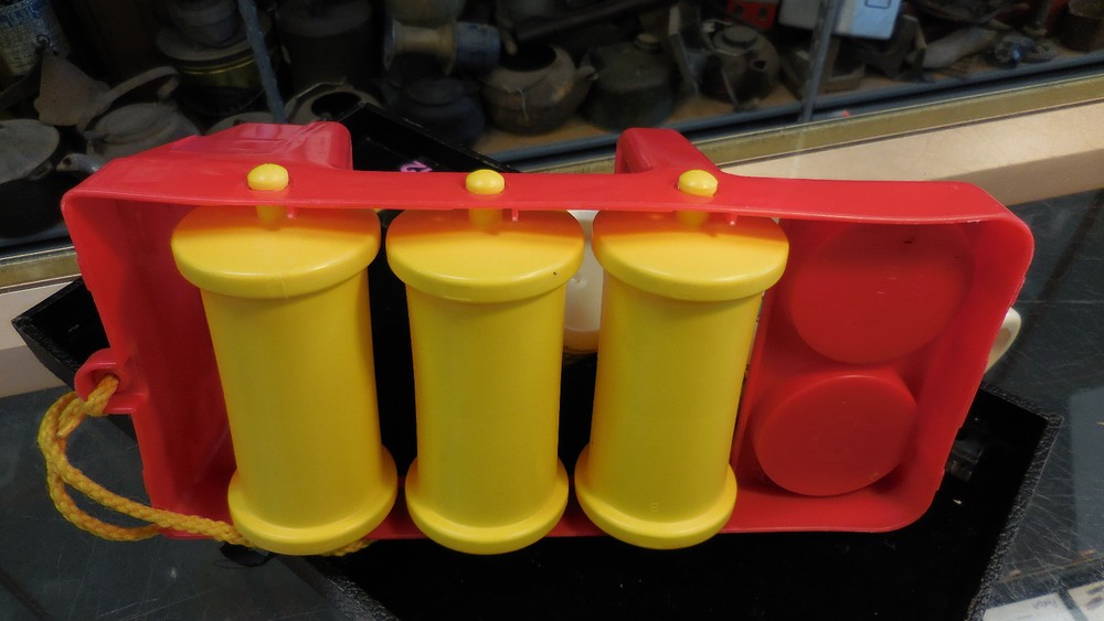 Vintage 80's Johnson & Johnson Red Truck Pull Toy, Rhythm Roller