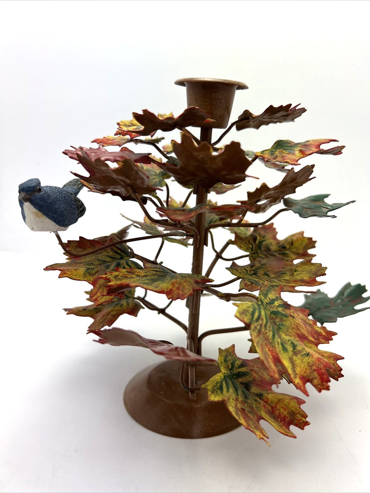 Medium Maple Leaf Taper Candle Holder with wood Blue Jay