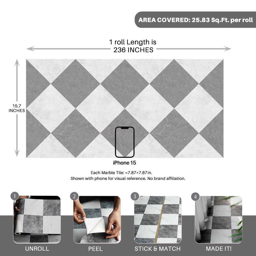 Peel and Stick Floor Tile, Grey Checkered Pattern Continuous Vinyl Roll Floor...