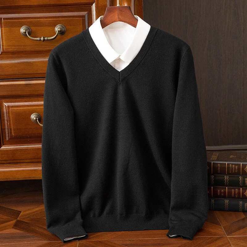 Men's Cashmere Blend Sweater V-Neck Long Sleeve Pullover Knit Base Warm Knitwear