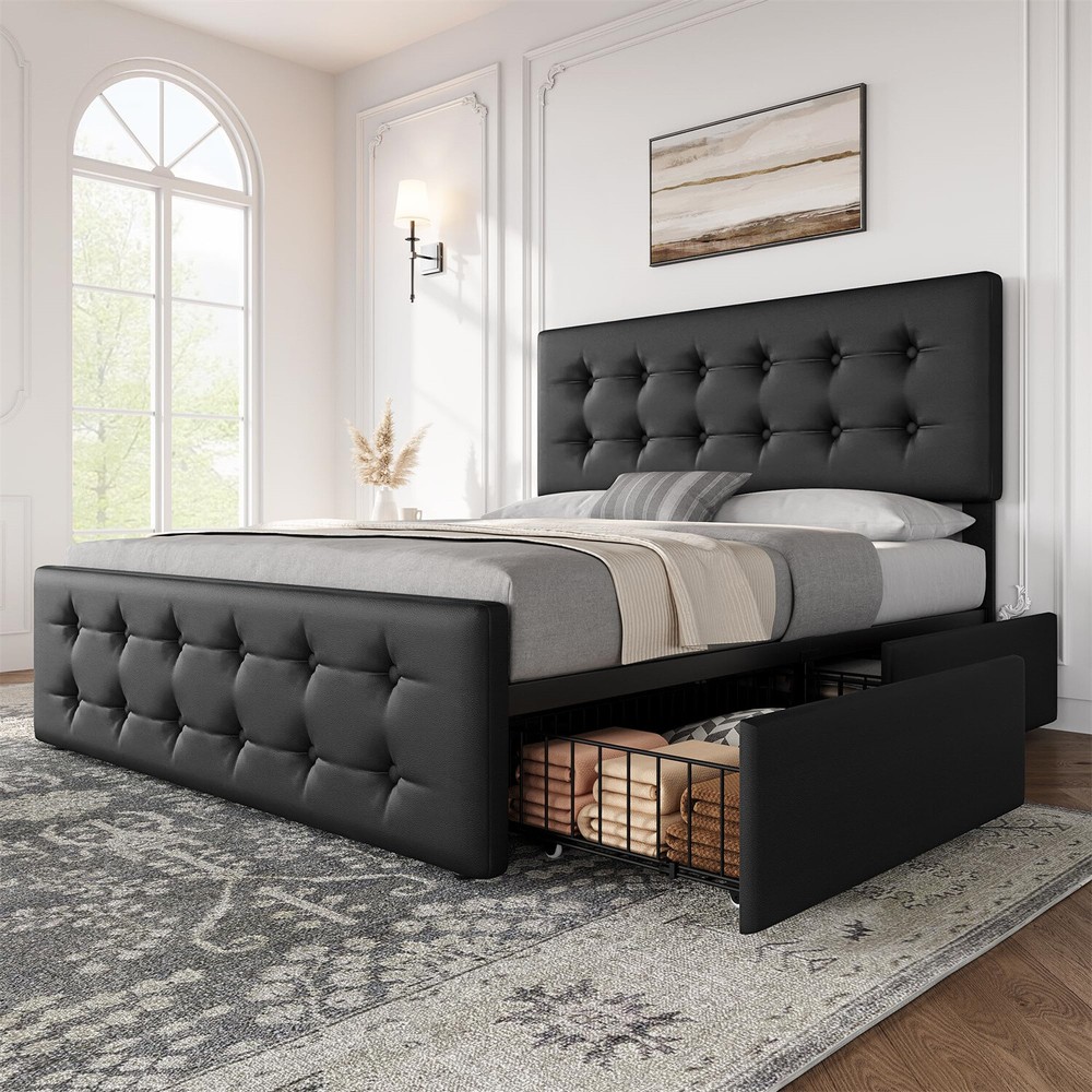 ✅Full Size Bed Frame with 4 Storage Drawers and Headboard Upholstered Platform