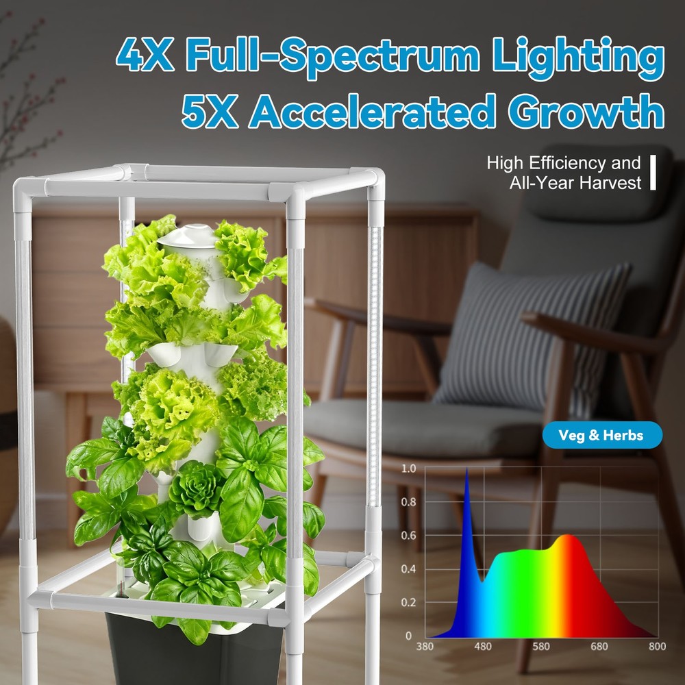 Vertical Hydroponic Tower: 6-Tier, 30-Pod Grow Light & Timer with Water Pump