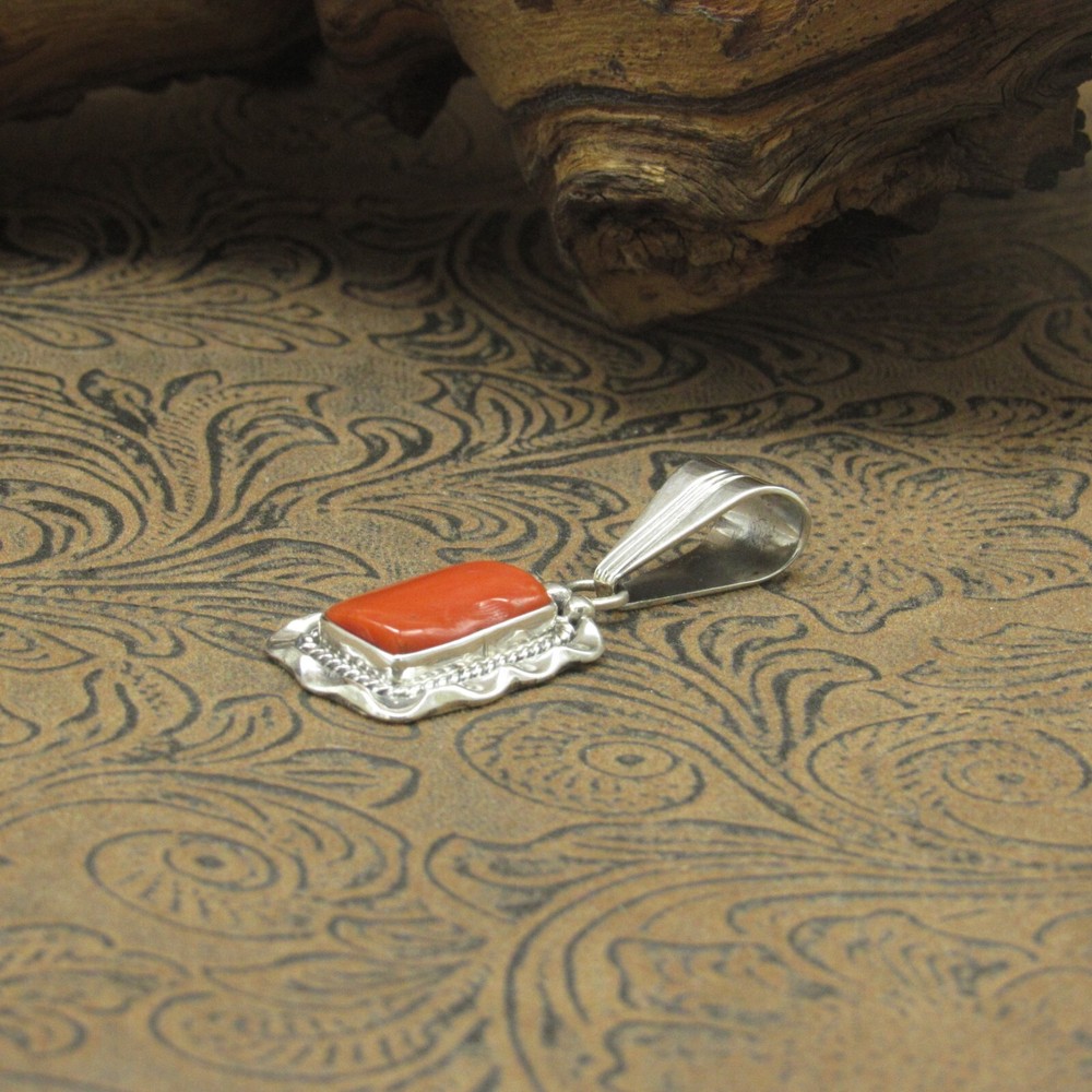 *Sterling Silver Rectangular Coral Pendant With Silver Designs