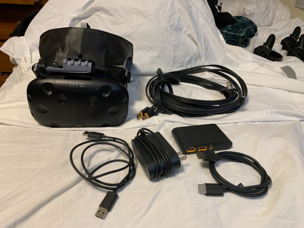 HTC Vive Virtual Reality Headset with reVolve headstrap, link box, CABLES