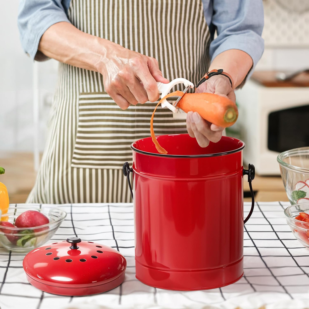 Plexon Countertop Compost Bin with Lid, Red 1.5 Gallon Odorless Kitchen Compost