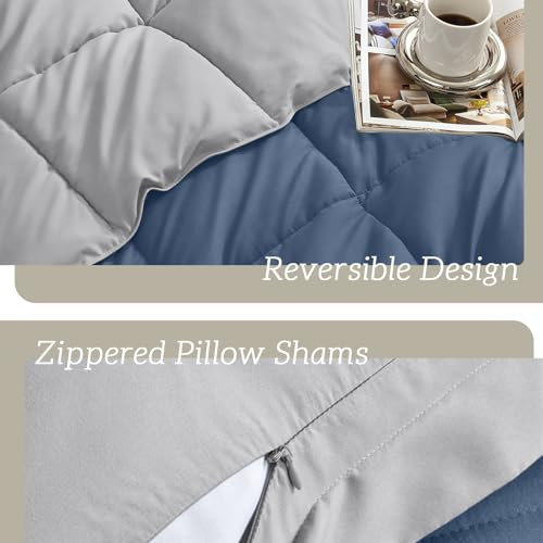 Queen Comforter Set Blue/Grey, Comforters Queen Size Set, Soft Lightweight