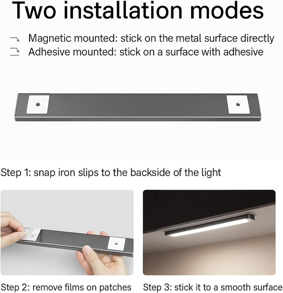 Under Cabinet Lighting 12 Inch, 2 Pack Rechargeable LED Motion Sensor Lights, 3