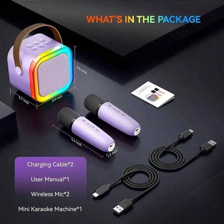 2-Mic Mini Karaoke Machine, Portable Wireless Microphone Speaker With LED Lights