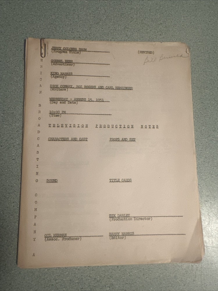 RARE 1951 Jerry Colonna Show Script