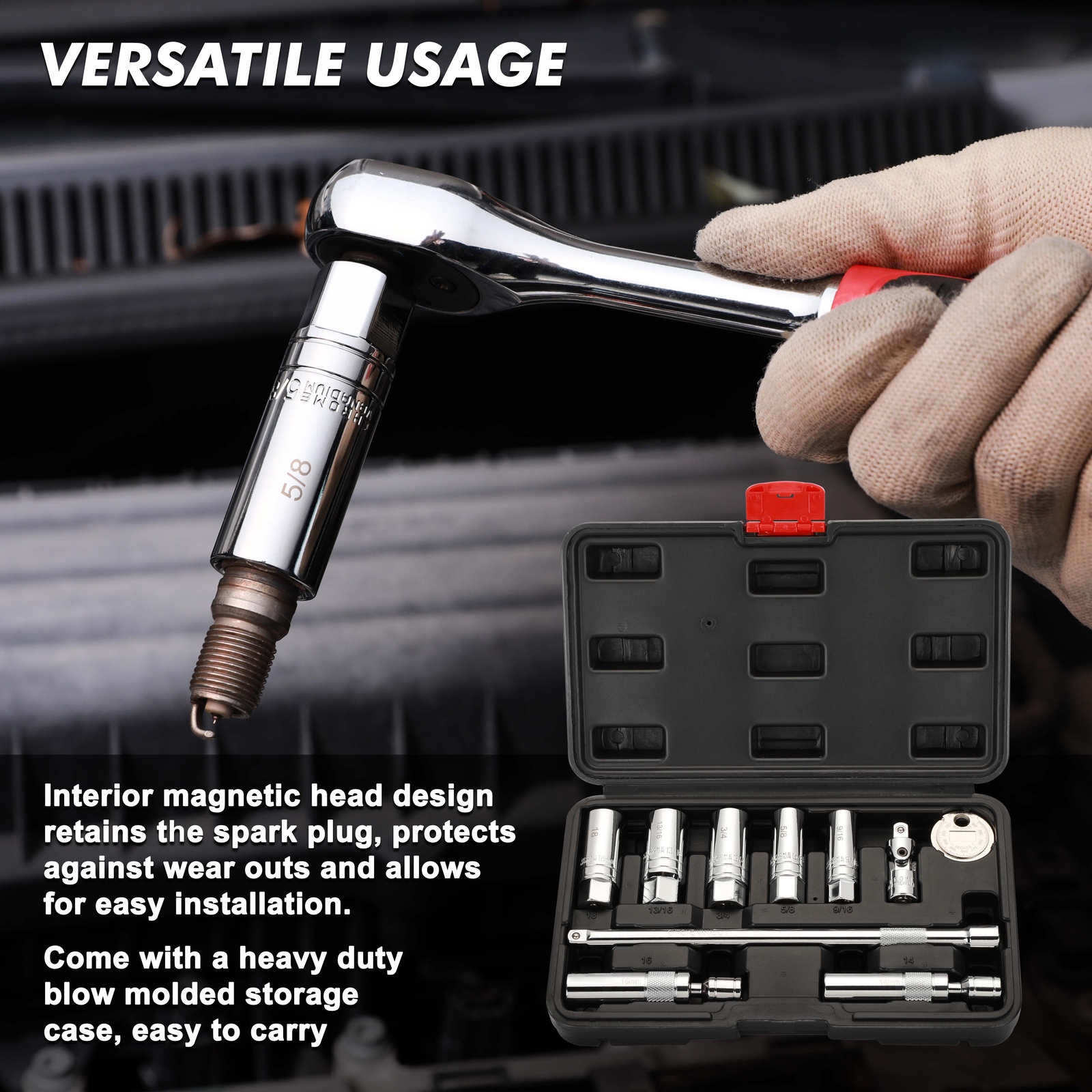 0PCS 3/8"Drive Magnetic Spark Plug Socket Set, 6PT&12PT Extension Bar CR-V Steel