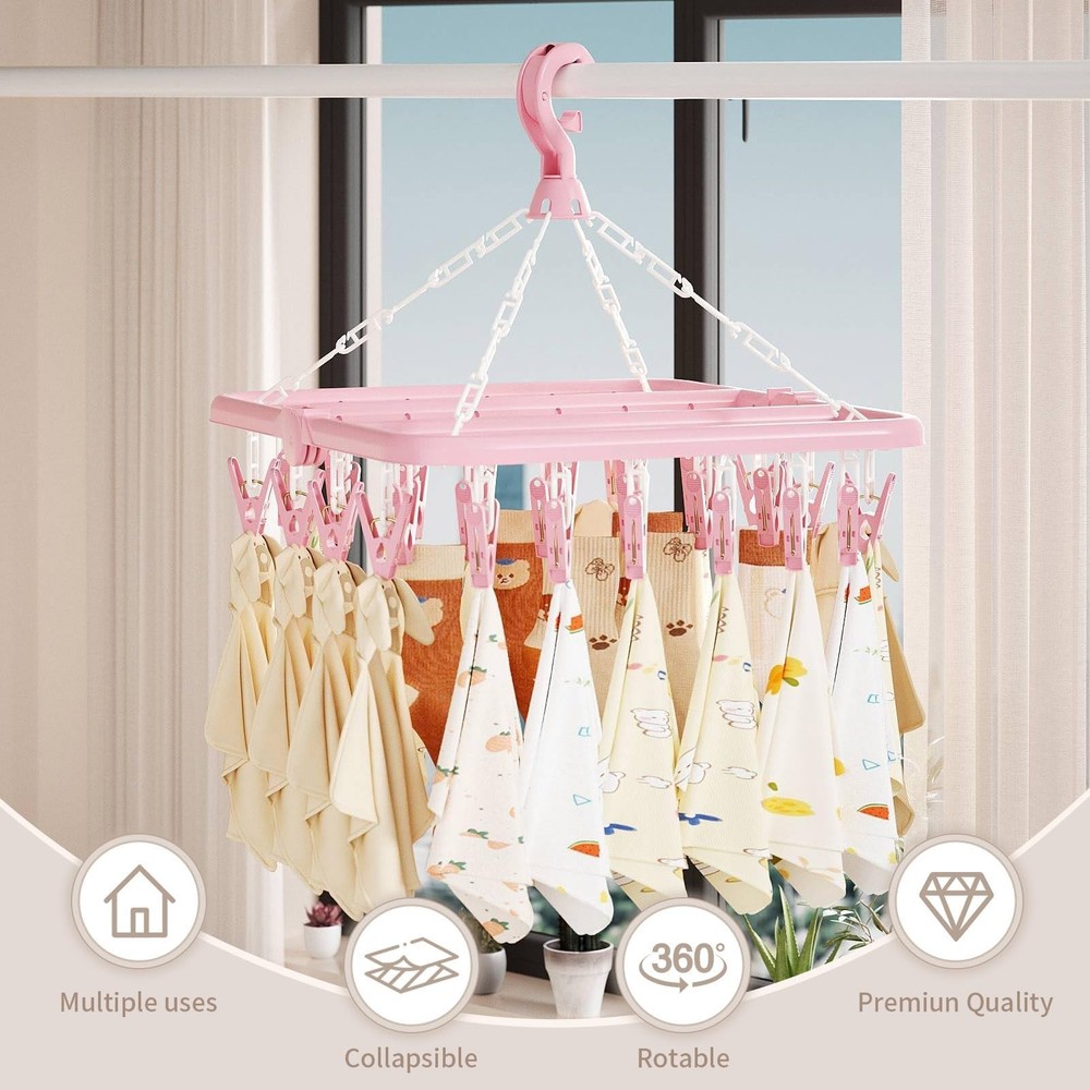Clothes Drying Rack with 32 Clips, Foldable Hanging Rack, 360° Rotatable Ho