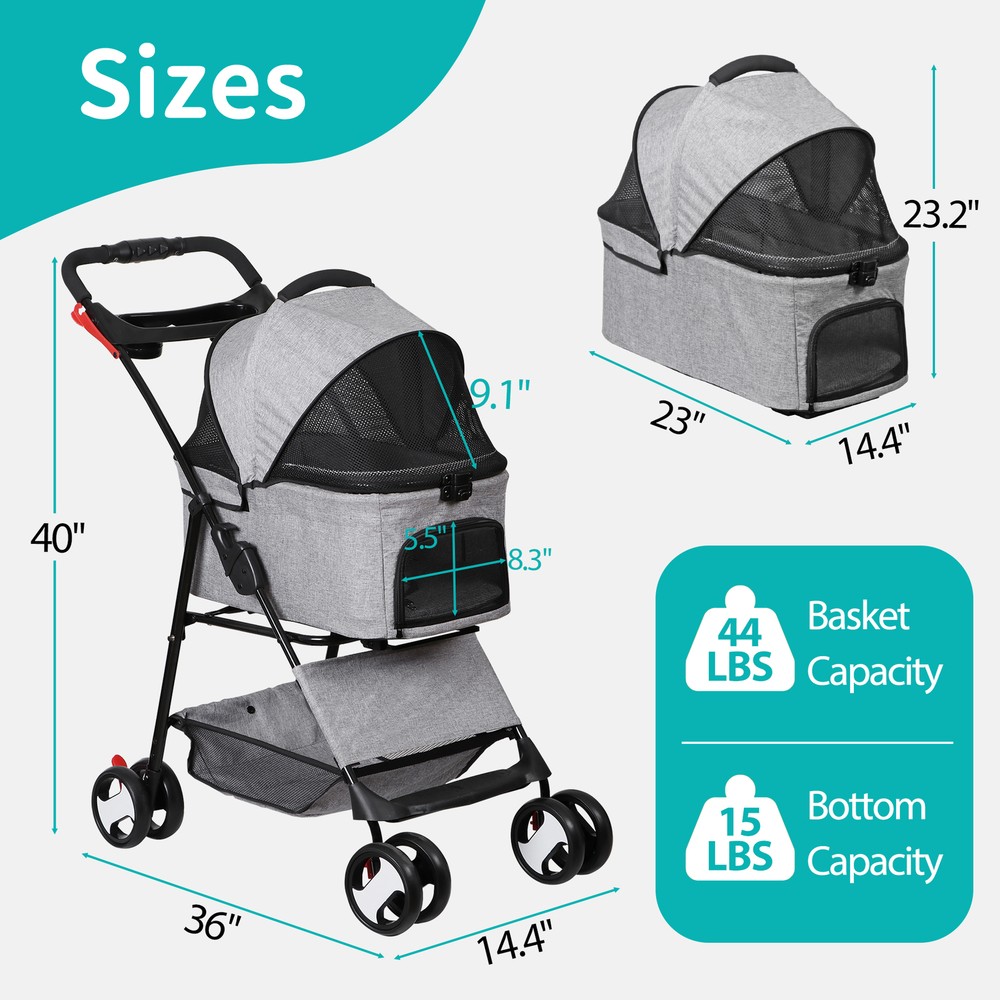 Dog Stroller Cat Stroller 3-in-1 Multifunctional 4 Wheels Lightweight Foldable