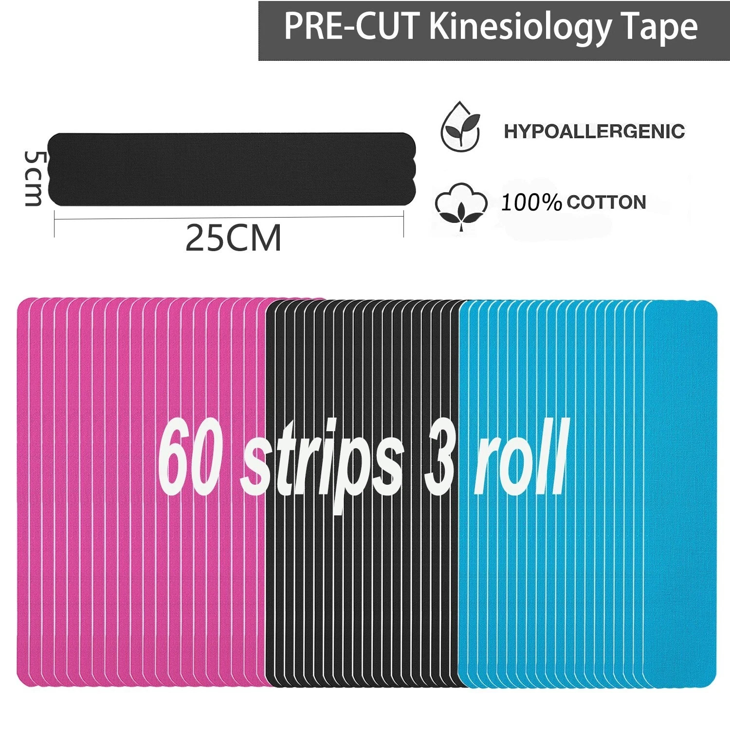 3Rolls Kinesiology Tape Latex Free Cotton Elastic Athletic Tape for Joints, Knee