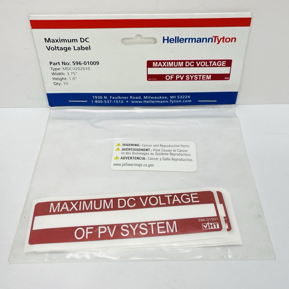 Qty 10 HellermannTyton 596-01009 Maximum DC Voltage Solar Labels 3.75” X 1.0”
