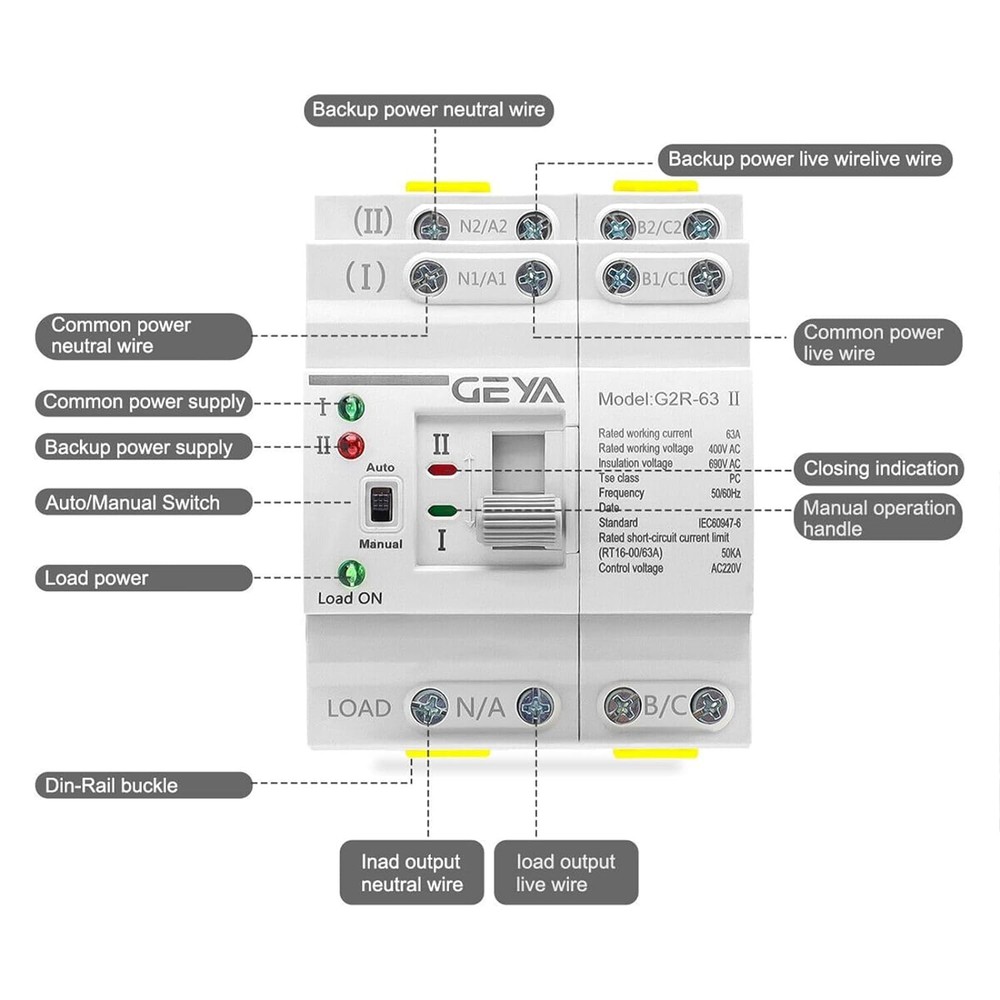 GAEYAELE Mini ATS Automatic Transfer Switch Dual Power Uninterrupted Power