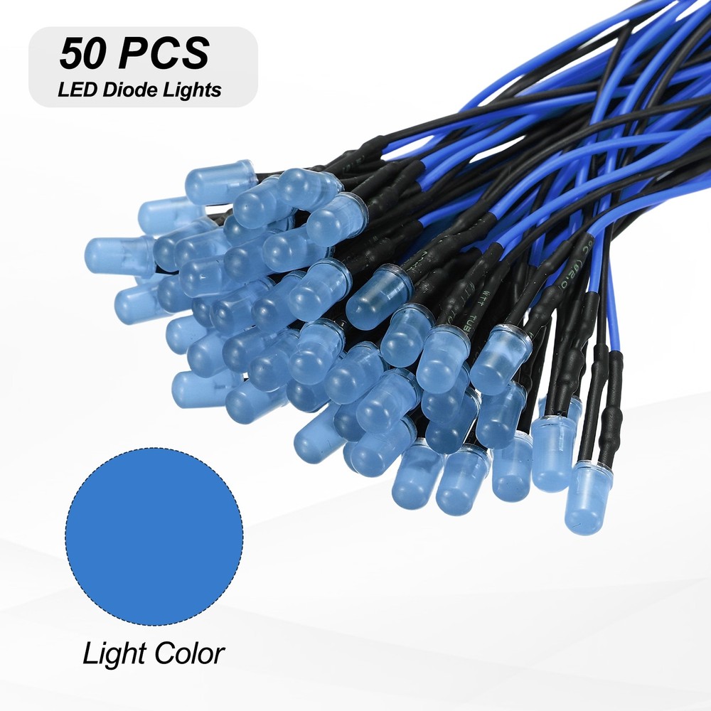 50pcs 5mm LED Diode Lights, Blue Light DC 12V for Electronics