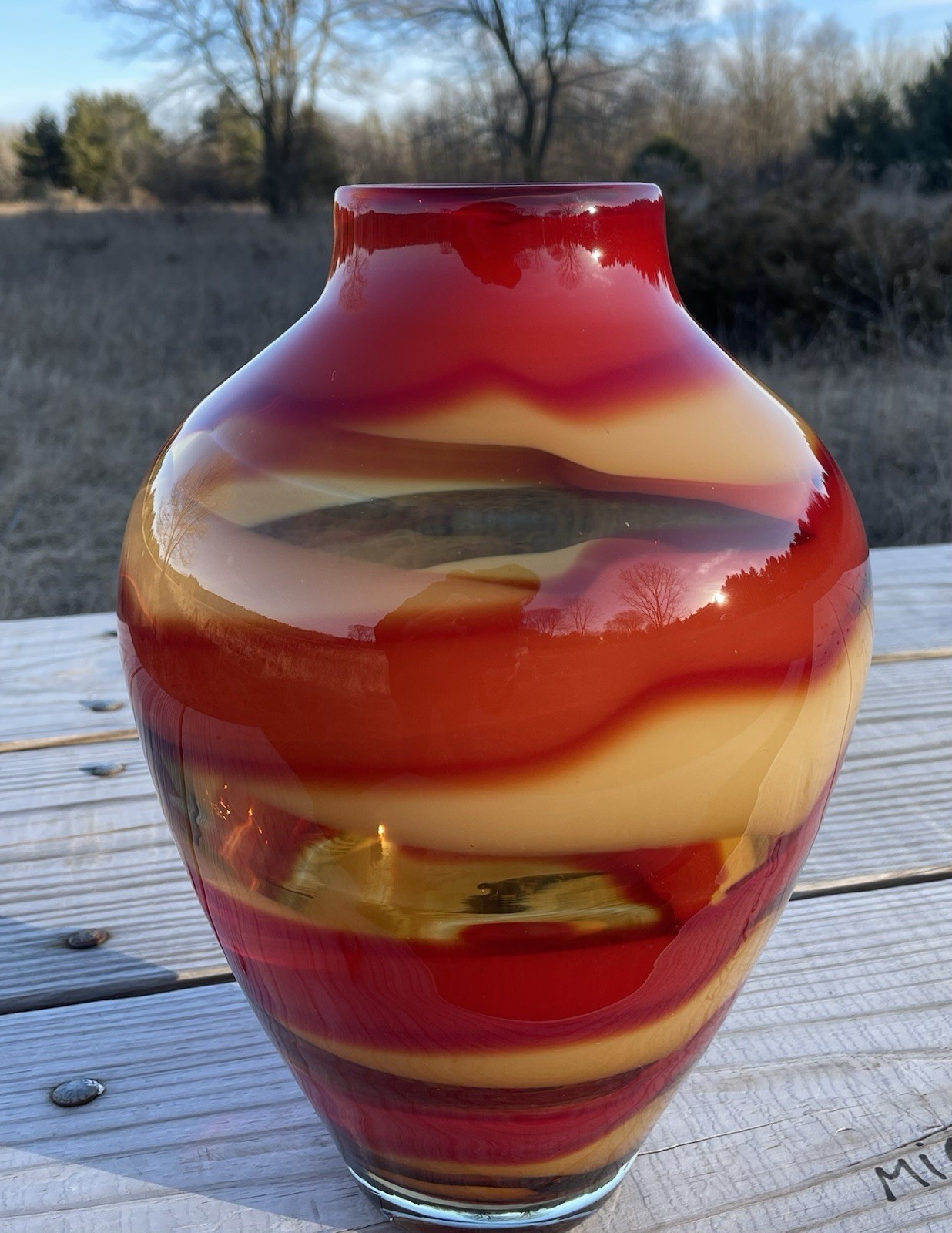 Waterford Evolution “Red Sea” Crystal Amphora Art Glass Vase, swirl design