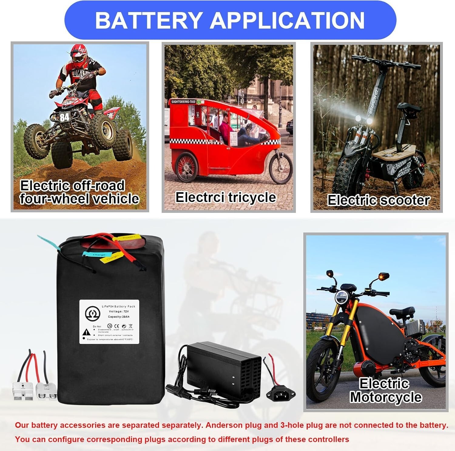 72V 20Ah LiFepo4 Lithium Battery Pack for 250W-1800W Motor B ike 50A BMS
