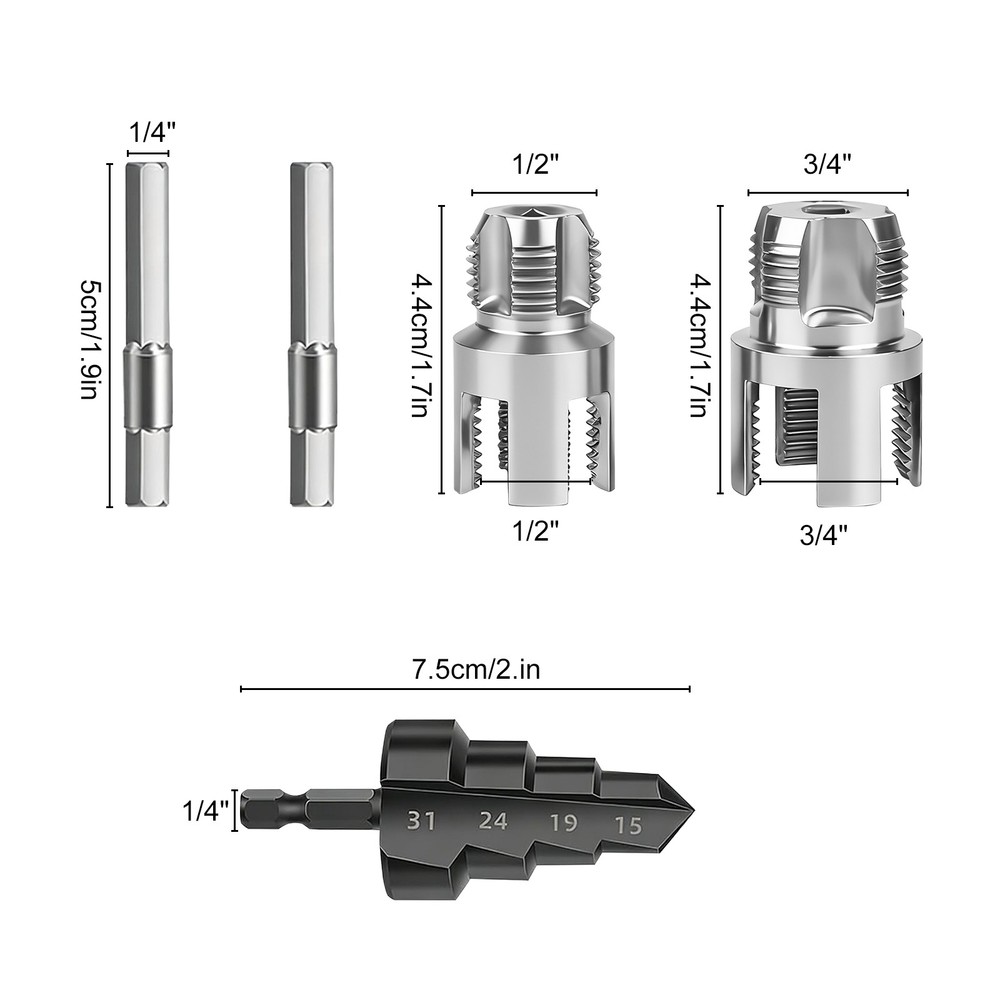 3x PVC Pipe Internal External Thread Cutter Tool Kit 1/2" 3/4" + Step Drill Bit