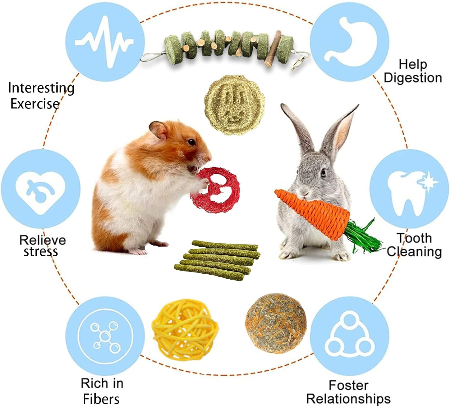 20PCS Bunny Chew Toys Natural Rabbit Guinea Pig Hamster Chinchilla Treat Set