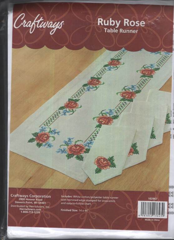 NIP!!! CRAFTWAYS CROSS STITCH KIT RUBY ROSE TABLE RUNNER 14 X 44"