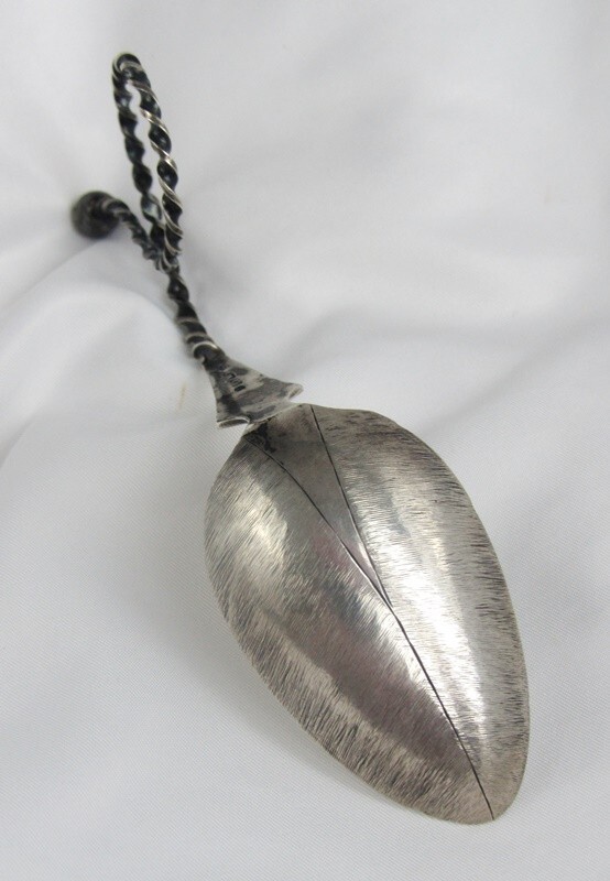830 Silver J. Strand Tea Caddy Spoon with Fancy Twisted Loop Handle & Ball Tip