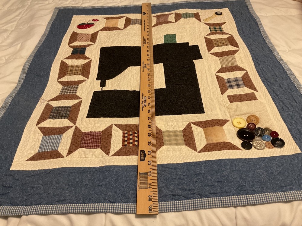 Appliqued wall hanging 32” x 35”sewing machine sewing thread spools buttons