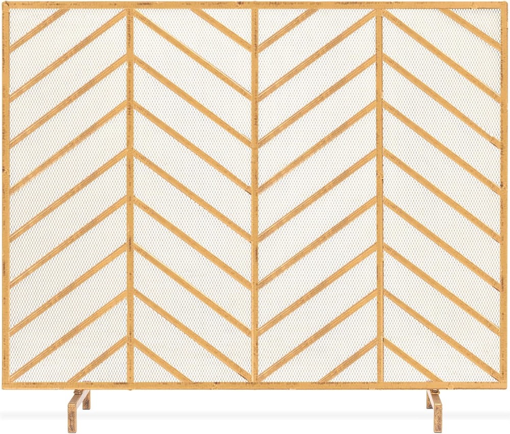 38x31in Single Panel Handcrafted Wrought Iron Mesh Chevron Fireplace Screen Fire