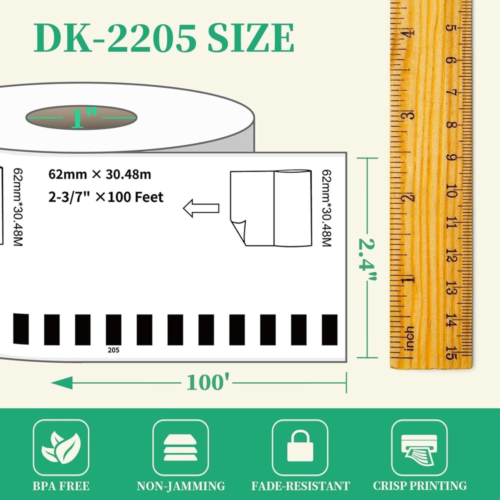 12 Rolls Replace Brother Continuous Label DK-2205 (2.4" X 100') Compatible wi...