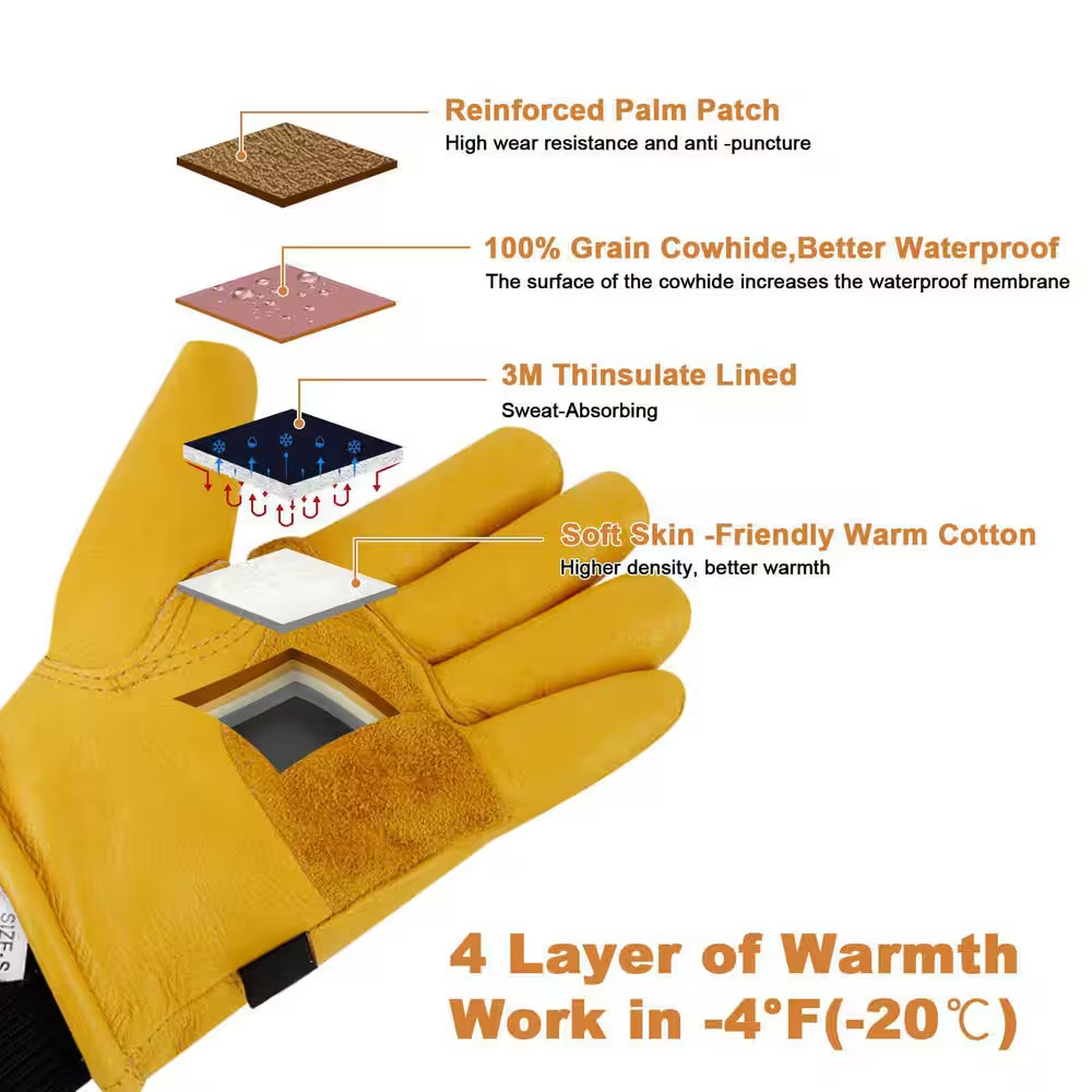 Insulated Cowhide Leather Replacement Gloves Work Gloves Warm Thinsulate Lining