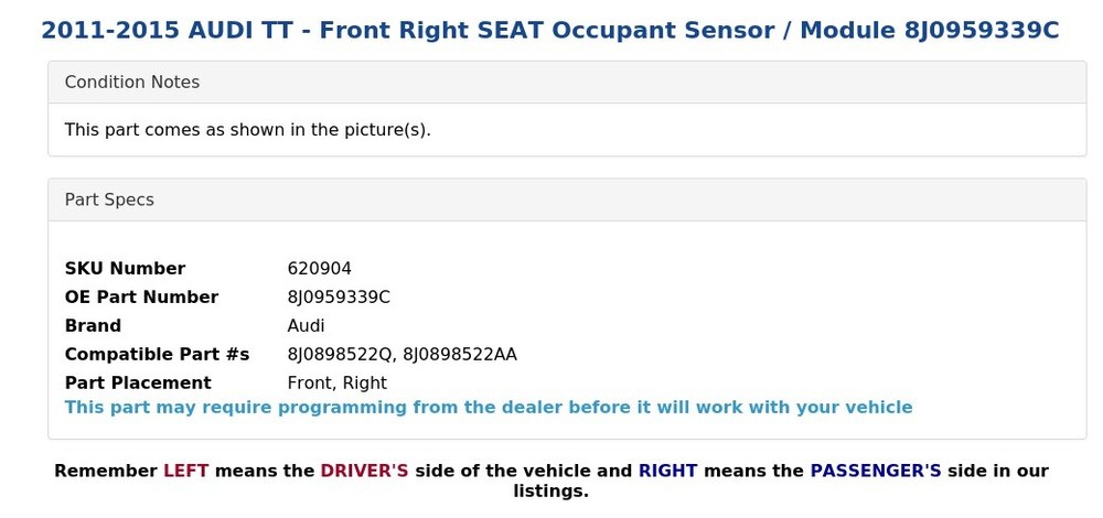 2011-2015 AUDI TT - Front Right SEAT Occupant Sensor / Module 8J0959339C