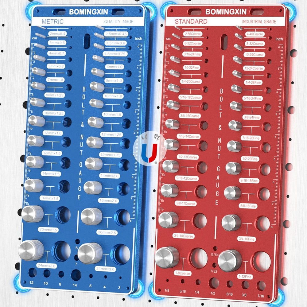 70 Nut & Bolt Thread Checker with Magnetic Base, Wall-Mountable Size Finder & Dr