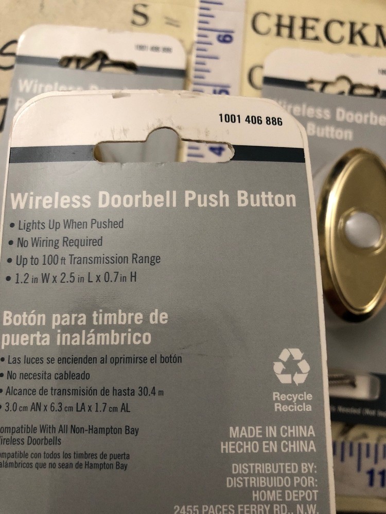 3XWireless Battery Powered Doorbell Push Button No Wiring Lights up when Pressed